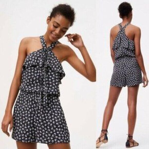 LOFT Pants - NWT LOFT Bluebell Flounce Halter Romper in Black White Floral Print Petite Small
